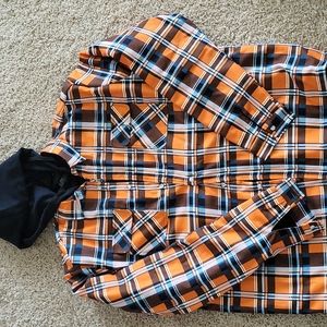 Mens orange and blue flannel jacket with hood